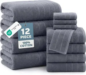 100% Cotton Towels Set for Bathroom - 12 Pc Family Pack - Super Soft & Quick Dry - 4 Bath, 4 Washcloth, 4 Hand Towels - Oeko TEX Certified, Machine Washable & Durable - Cool Grey