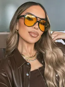 Vintage Double Bridge Pilot Tinted Lens Sunglasses, Trendy Oversized Square Frame Sunglasses for Everyday Use, Fashion Accessories for Outdoor Activities