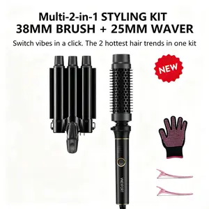 2-in-1 Multi Hair Curler Beachwaver, Curling Wand, Velcro Rollers, Bombshell Curls, Curling Iron, Quick Heat Styler with 25mm 3-Barrel Waver & 38mm Volume Brush, Interchangeable Barrels, Dual Voltage, Lightweight VNEXPORT SD-691 Kit