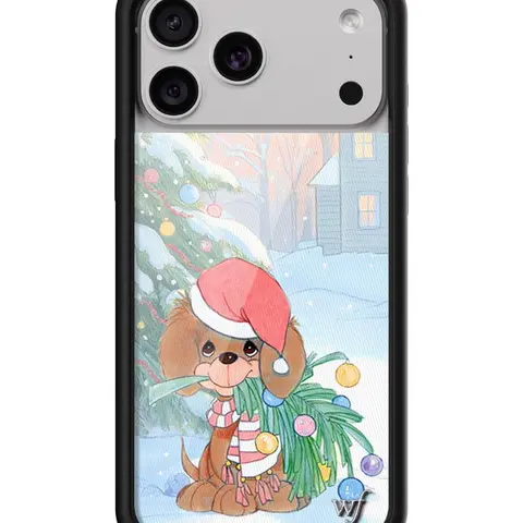 Precious Moments Limited Edition Trendy Collab Santa Cellphone Case - Custom Holiday Brown Pup Design, Raised Black Bumper, Vibrant Tree & Ornaments, Snowy Homes, Women's Owned Small Business Gift, Screen Protector-Compatible Accessory, Casing, Cover