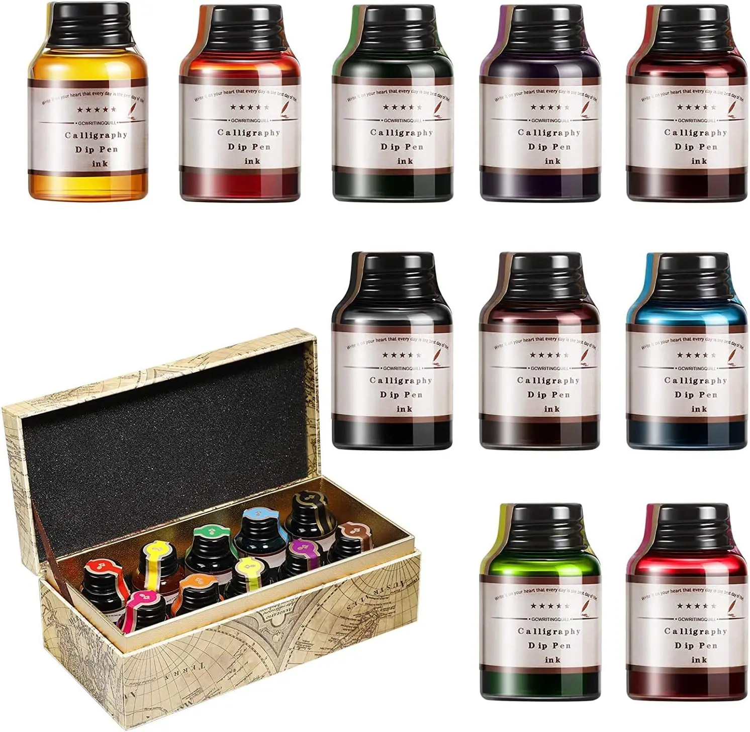 GC QUILL LL-710 Unique Colored Ink Pens Set Pack - 10 Vibrant 20cc Non-Carbon Colored Ink Bottles, Office Stationery Writing Tools for Authors/Bible Use, School Needs