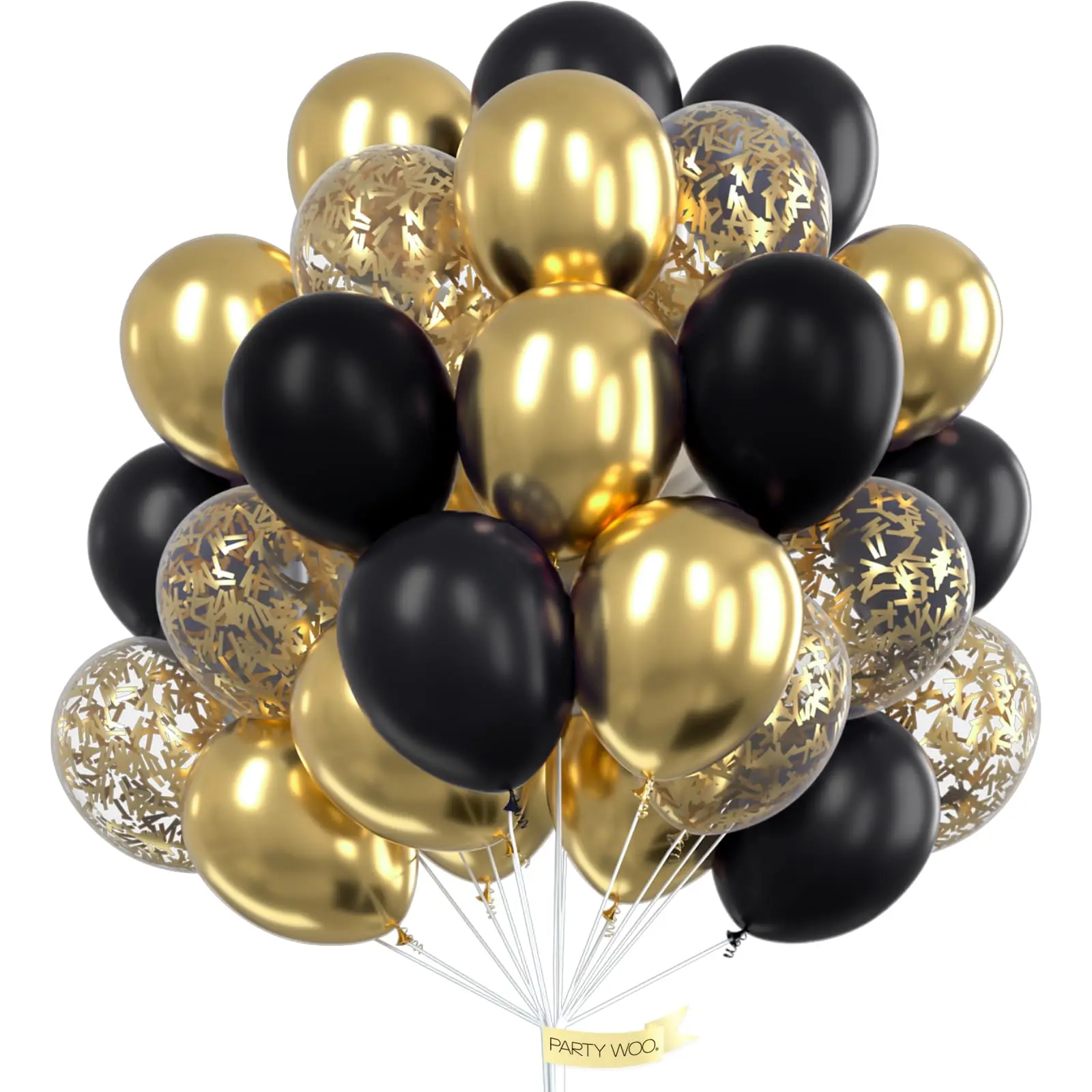PartyWoo 100pcs 12-in Thick Metallic Round Rubber Latex Blow-Up Balloons, Gold and Black Floatable Set for Balloon Garland, Birthday-Themed Decorations, Gold And Black Balloons