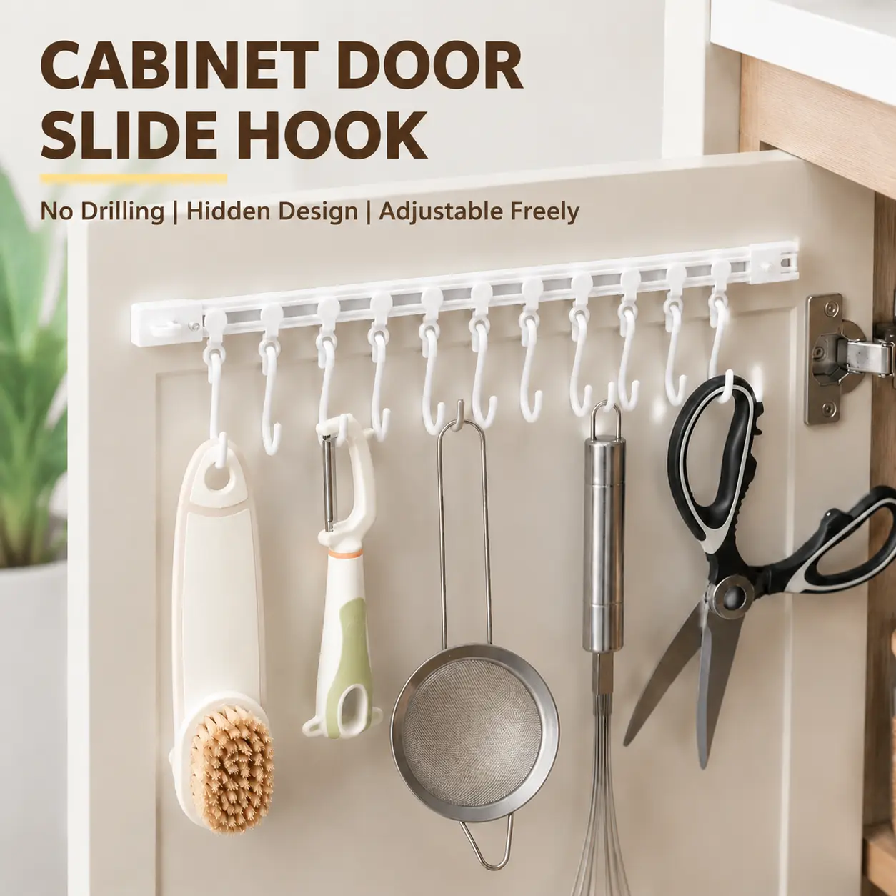 15.7/11.8In-Cabinet Door Slide Hook Organizer, Hidden Adhesive Hanging Rack with 10 Adjustable Hooks, No Drill Kitchen Utensil Holder for Bathroom, Bedroom & Home Storage