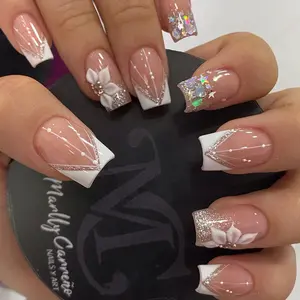Short Square Fake Nail, 24pcs/set Flower Iridescent Glitter Decor Fashion Press on Nails for Women & Girls DIY Nail Art Design, Elegant Stick on Nails Kit, Glittering Fake Nails