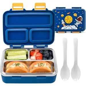 Small Bento Box for Toddlers & Snacks – 3-Compartment with Leak-Lid, Spoon & Stainless Tray – 20 x 15 x 6.8 cm BPA-Free, Dishwasher Safe - Fun for School & Travel (Blue)