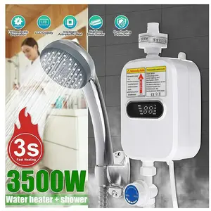 Electric Tankless Water Heater with Shower Head Set, 3500W Portable Electric Instant Hot Water Heater for Shower, LCD Display On Demand Mini Water Heater for Kitchen, Bathroom, Camping & RV