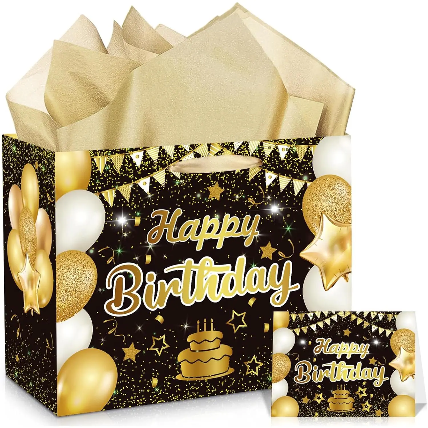 Black  Birthday  Bag Happy Birthday Wrapping Paper Bag with Greeting Card and  Tissue Paper for Men Women Anniversary Party Favors  Adults Christmas Goodie  Wrap Bag Supplies