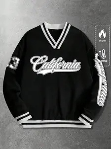 Trendy Men's California Print V-Neck Fitted Sweater, Warm and Soft, Graphic Geometric Long Sleeve Top for Casual Outing, Daily Wear, Sweatshirts, Menswear