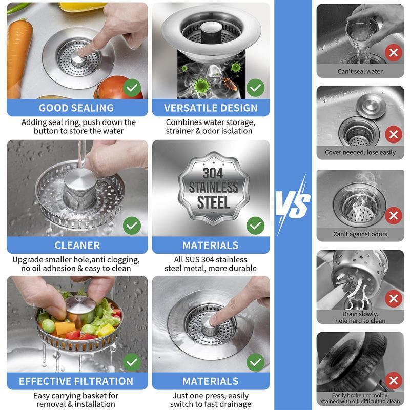 Grab this durable all-metal 3-in-1 sink strainer stopper! Boasting a pop-up bounce design, it works with most 3-1/2 inch kitchen sink drain holes. Its built-in handle rod efficiently traps food debris to prevent annoying sink clogs.
