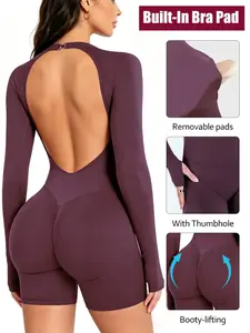 Jetjoy Long Sleeve Backless Romper, Seamless Jumpsuit Tummy Control Romper for Women Workout Yoga Gym Seamless One Piece Jumpsuit Tummy Control Gym Shorts for Women, Workout Yoga Gym Seamless One Piece Womenswear Everyday Everyday Compression Compression