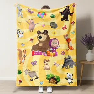 Cute M-Masha And B-Bear Blanket Cartoon Kawaii Soft Flannel Plush Kids Throw For Living Room Nursery Decor Gift Best Christmas Halloween Bedding for Children