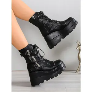 Women’s Punk Platform Combat Boots Studded Buckle Design Edgy Goth Vibe Chunky Heel for Height Perfect for Alt Fashion Concert Outfits & Street Style Onyx Black Walking Shoes
