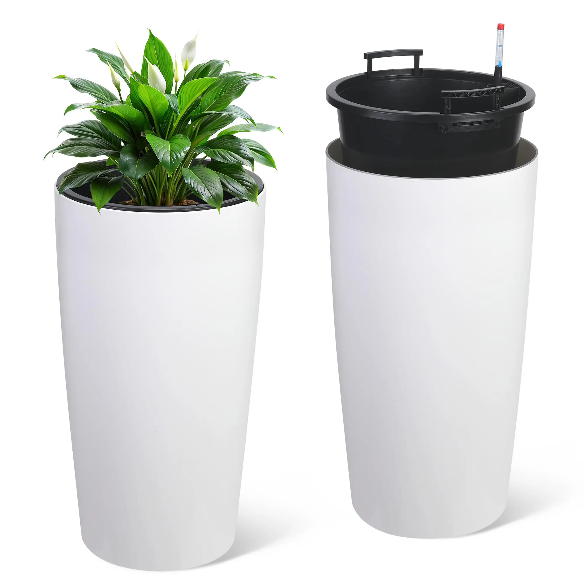 GARVEE 2-Piece Self-Watering Tall Garden Planter Set - 22in & 30in Modern Plastic Decorative Pots with Water Level Monitor, Inner Bucket, Drainage Hole System for Indoor Use, Plastic Plant Pots
