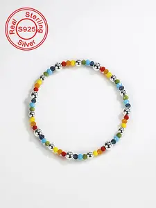 S925 Sterling Silver Colorful Beaded Bracelet, Fashionable Beaded Bracelet for Women & Girls, Trendy All-match & Exquisite Jewelry for Birthday Gift