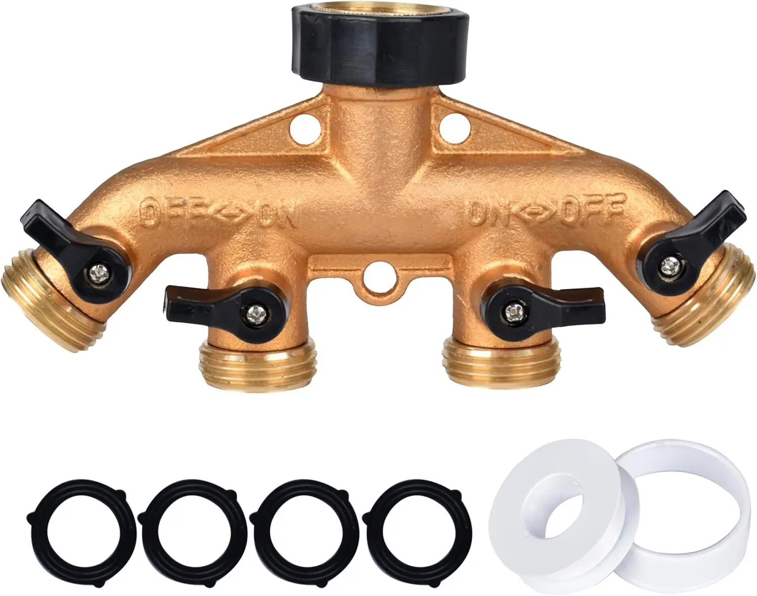 Brass 4 Way Faucet Splitter, 4 Port Manifold, 4-Way Garden Hose Splitter, 3/4" Heavy-Duty Spigot Adapter with Individual Shutoff Valves, Solid Brass Manifold, Leak-Resistant