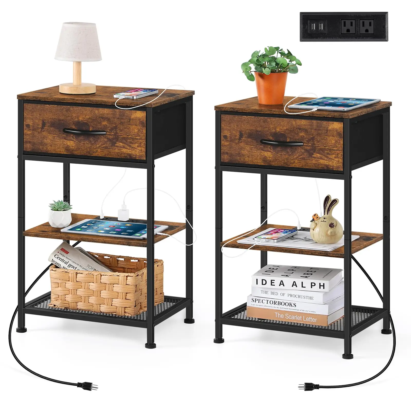 Night Stand Set 2 with Charging Station Small Bedside Tables with Storage Shelf Tall Nightstand with Drawers Side Bed Table for Living Room, Bedroom