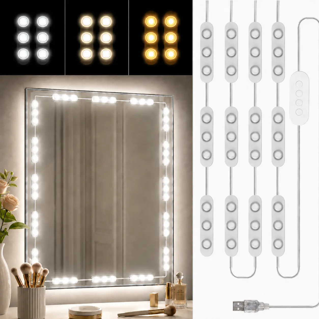 LED Vanity Mirror Lights, Hollywood Style Vanity Makeup Light Strip, 10FT LED Mirror Lights, 3 Color Modes, 10 Brightness Levels, Dimmable Touch Control, USB Powered, for Makeup Vanity Table & Bathroom Mirror