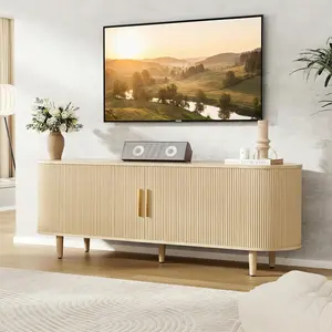 VOWNER 63" Fluted TV Stand, Modern Entertainment Center for TVs Up to 65" with Adjustable Shelves and Sliding Doors, Curved Media Console Table with Storage Cabinet for Living Room Bedroom (Oak)