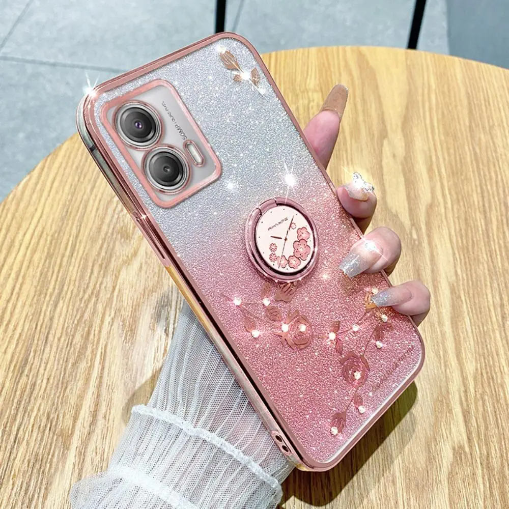 Flower Decor Protective Phone Case with Ring, Creative Decorative Phone Protector Cover, Shockproof TPU Cover, Phone Accessories Compatible with Motorola Moto G53 Series, Casing