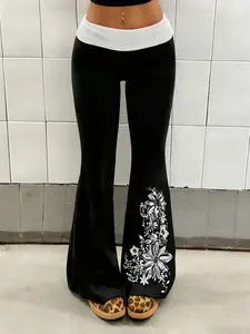 Street Style Y2K Color-Block Botanical Print Panel Waistband Casual Pants. Hot Girl Retro Niche Slim Flare Pants. Millennial Nostalgia Distressed Minimalist Stretch Trousers. Casual Chic Trousers. Casual Streetwear Trousers