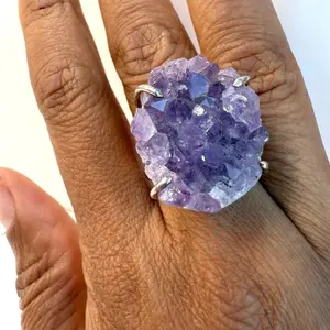 Raw Amethyst Healing Adjustable Gemstone Crystal Ring for Stress Relief and Healing