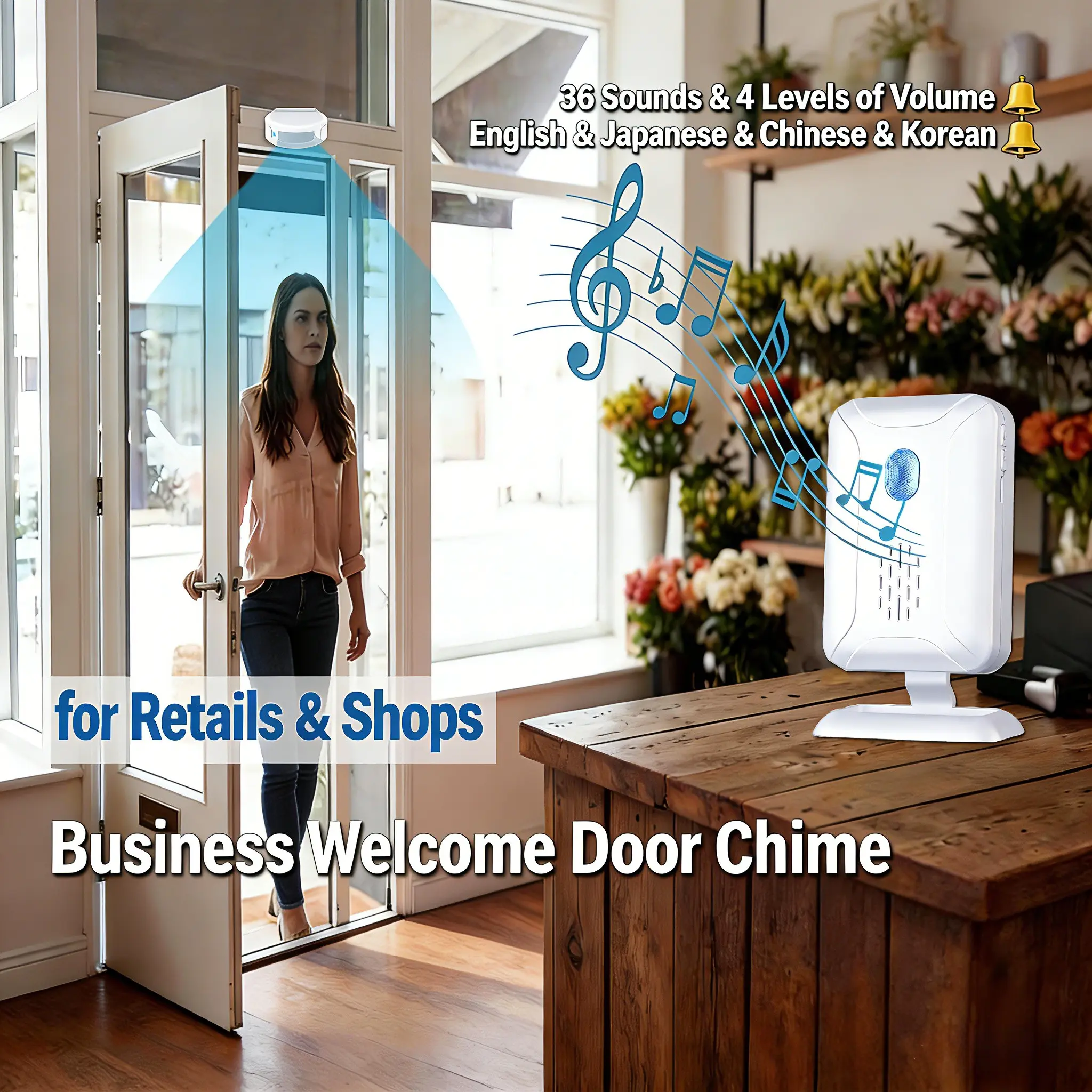5 in 1 Motion Sensor Doorbell Alarm, Motion Detection Alarm, with Motion Detectors and Voice Reminder, Wireless Welcome Door Chime, 920 Feet Range and Long Battery Life Entrance Alert System, 4 Levels of Alarm Volume, for Home Security and Elderly Care