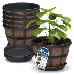10-Inch Whiskey Barrel Planters Pack of 5, Durable Plastic Pots with Drainage & Saucer for Indoor Outdoor Plants
