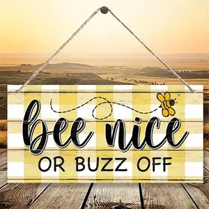 Bee Nice Or Buzz Off Sign, Wooden Hanging Sign, Rustic Farmhouse Design, Hanging Ornament for Front Door Wall Porch Home Room Decor, Bee Gifts for Friends Bee Lovers, Hangable, Decoration