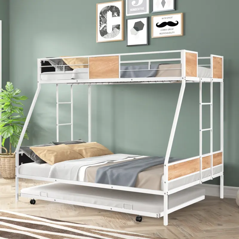 Metal Twin over Full Bunk Bed with Trundle/Heavy-duty Sturdy Metal/ Noise Reduced/ Safety loft Bed for 3/No Box Spring Needed bedroom furniture, Loft Bed Frame