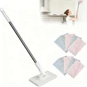 Automatic Hand-Free Mop System with Single-Click Fabric Change Heavy-Duty Abs Structure Space-Saving Design Ideal for Kitchen & Bathroom Lightweight Flat Mop 360° Rotatable Head No-Touch Clamp Design 10 Pads Included - Cleaning, Disposable