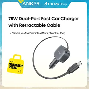 #SummerVibes Anker USB-C Car Charger, 75W Max Fast Charging, Sleek and Compact Design with Retractable Cable, for iPhone 17 / 16 / 15 Series, Samsung S24 / S23, MacBook, and More summervibes