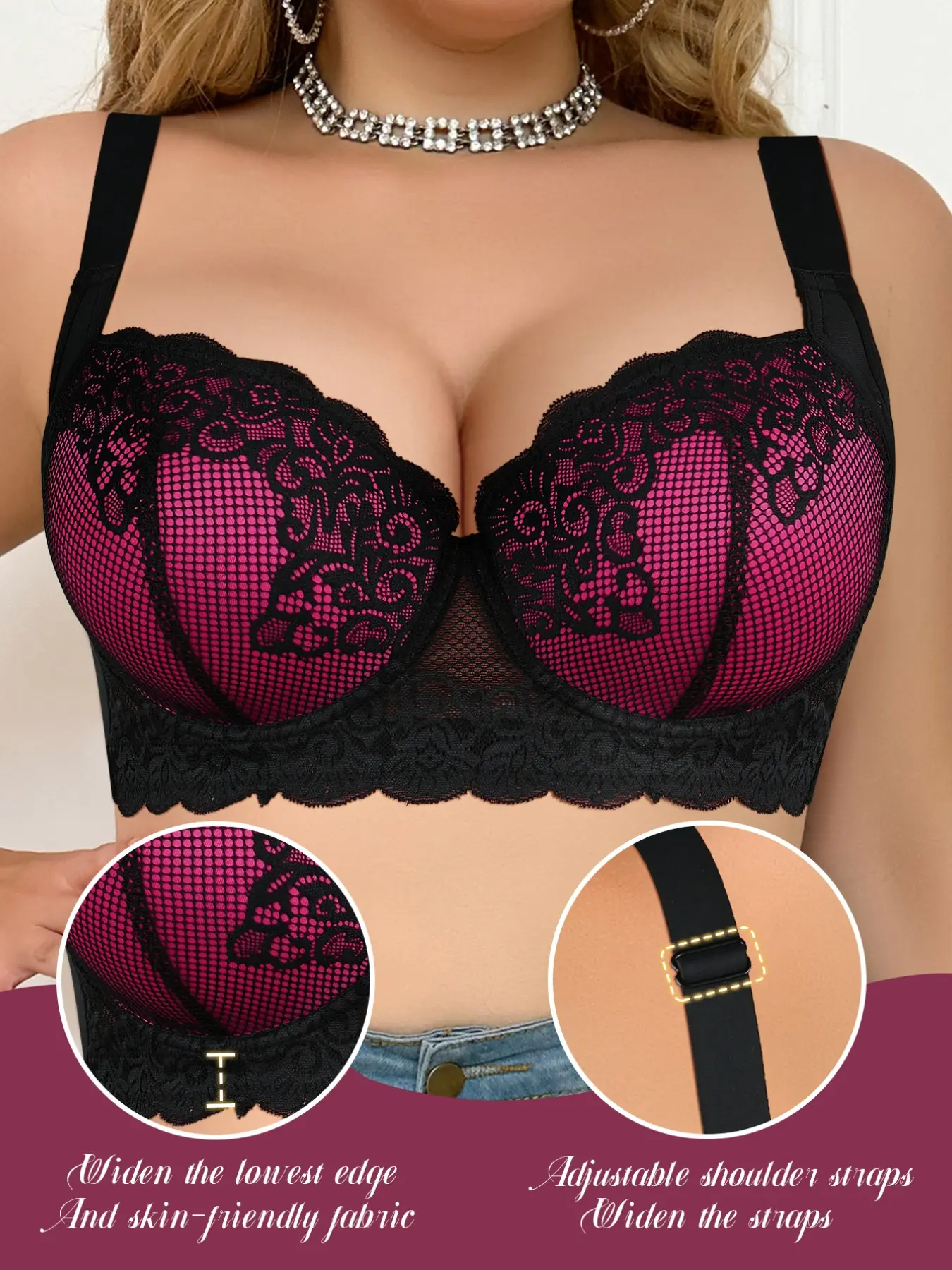 Plus Size Women’s Sexy Color-Block Lace Push-Up Bra, Sheer & Skin-Friendly, Chic, Wide Side Panels for Slimming Shape, Adjustable Elastic Straps, Underwire Support Anti-Sagging, Perfect for Curvy Figures, Daily & Special Occasions, Bras with Underwire