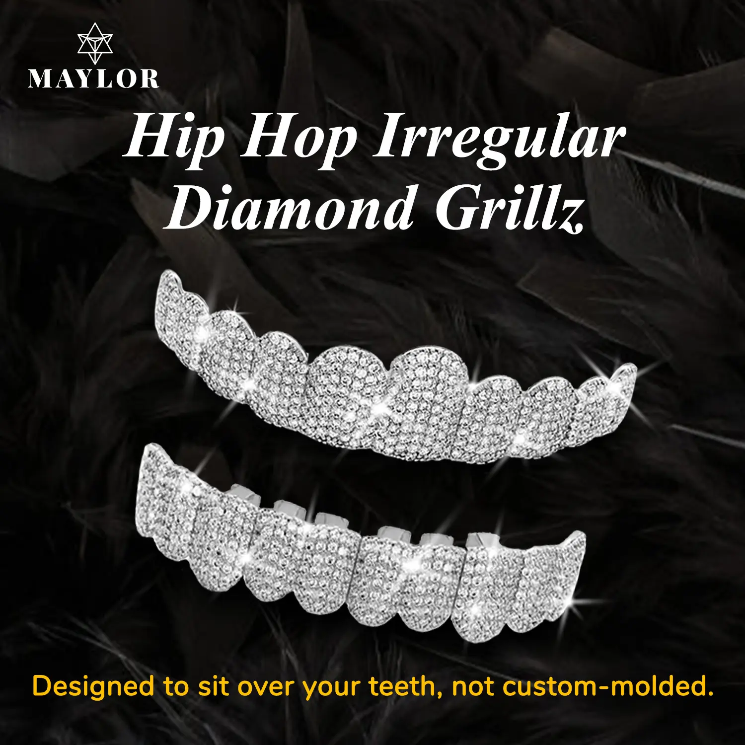 18K Gold Cubic Zirconia Grillz Teeth, Sparkling CZ Party Doc Bling Hip Hop Decorative Smile Enhancement Accessory, Tooth Caps for Rappers Cosplay