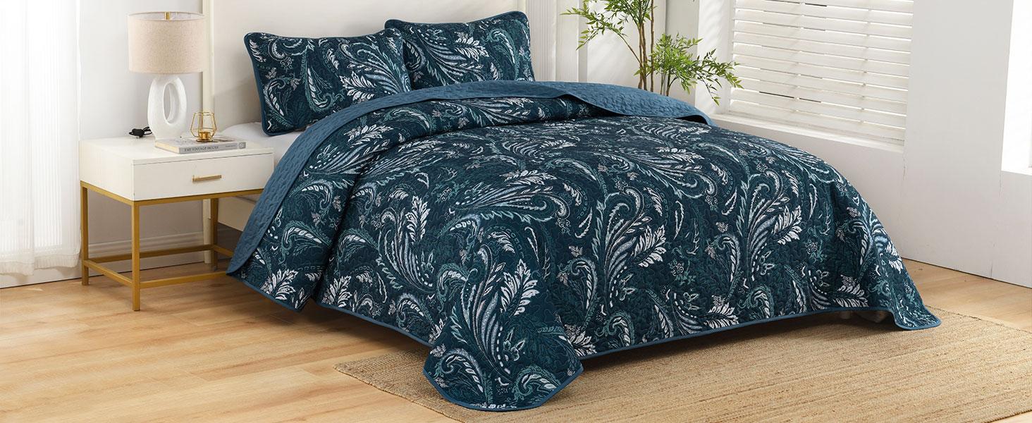 Paisley Set King Size,3 Pieces Boho Bedspread, Soft and Lightweight Microfiber Coverlet Bedding Set for All Season(110''x90'')