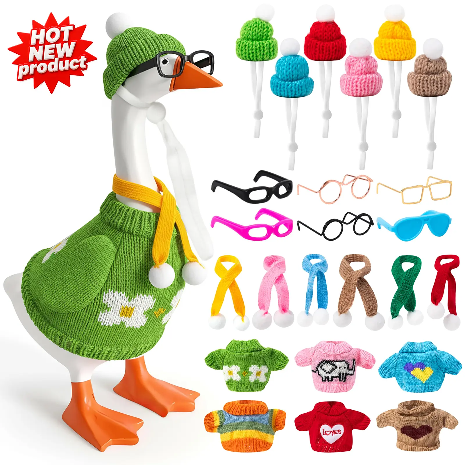 Mini Magnetic Goose Statue Decor Outfits Kit - 6 Sets (24Pcs Total) 7in Knitted Sweater with Accessories, Felt DIY Package for Desk Goose, Creative Photography & Mix and Match Looks, Slip-Resistant Fit, 7 Inch