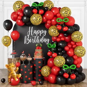 Red and Black Balloon Arch Kit with Cherry and Cheetah Print Foil Balloons, Cheetah and Cherry Birthday Decorations for Women, Red Leopard Party Decor, Baby Shower Bachelorette Girls Night Decorations