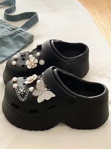 Summer Fashion Eva Hollow Out Shoes, Cute Butterfly Pearl Flower Thick Sole Height Increase, Casual Lightweight Outdoor Wear, Walking Shoes