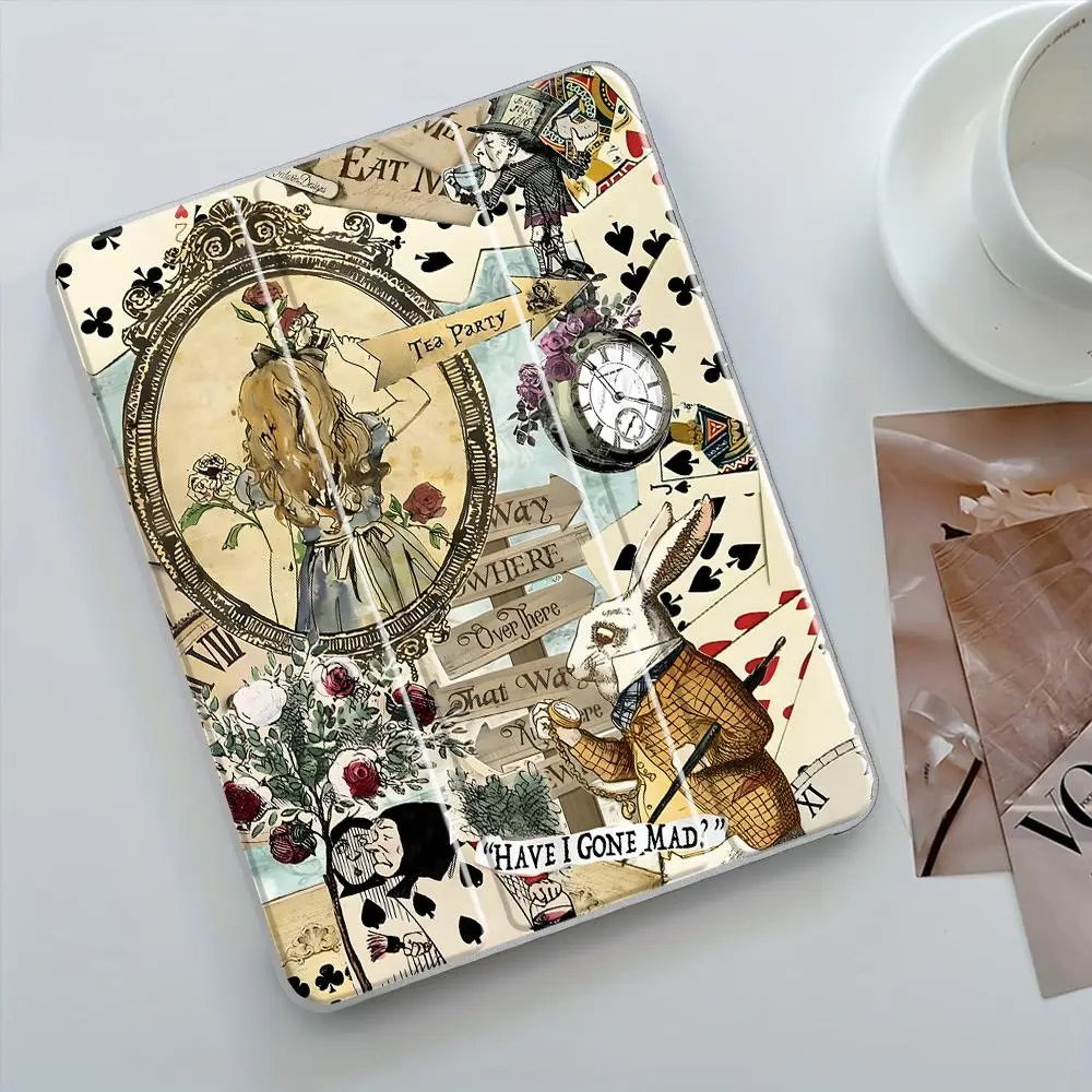Classic Wonderland Characters iPad Case, Tablet protective cover, transparent acrylic back panel, with pencil slot, suitable for ipad mini pro air, scratch-resistant, shock-resistant full cover protective case suitable for offices schools and home