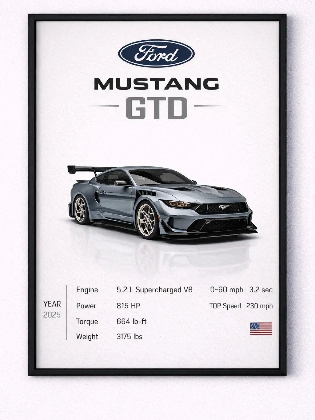 Ford Mustang GTD Luxury Vehicle Sports Car Print, Black-Framed 12x18in Home Bedroom Wall Decoration, Celebration of Automotive Passion & Aerodynamic Designs Art Piece, Vehicles