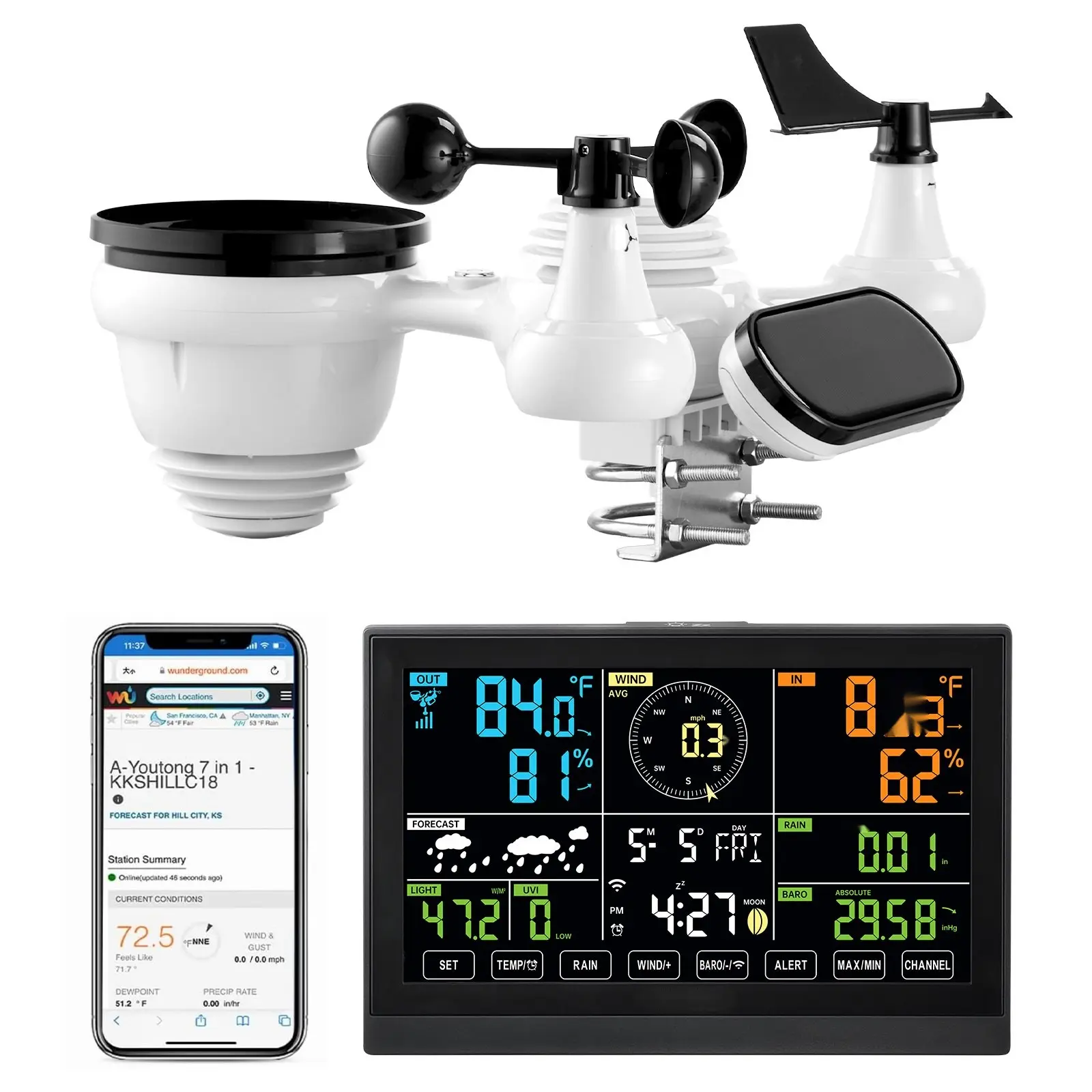 7-In-1 Wi-Fi Weather Station With 7.5-Inch VA Display, Solar Powered Wireless Outdoor Sensor, Indoor/Outdoor Home Weather Station For Temperature, Humidity, Wind Speed And Direction, Rainfall, No App Required
