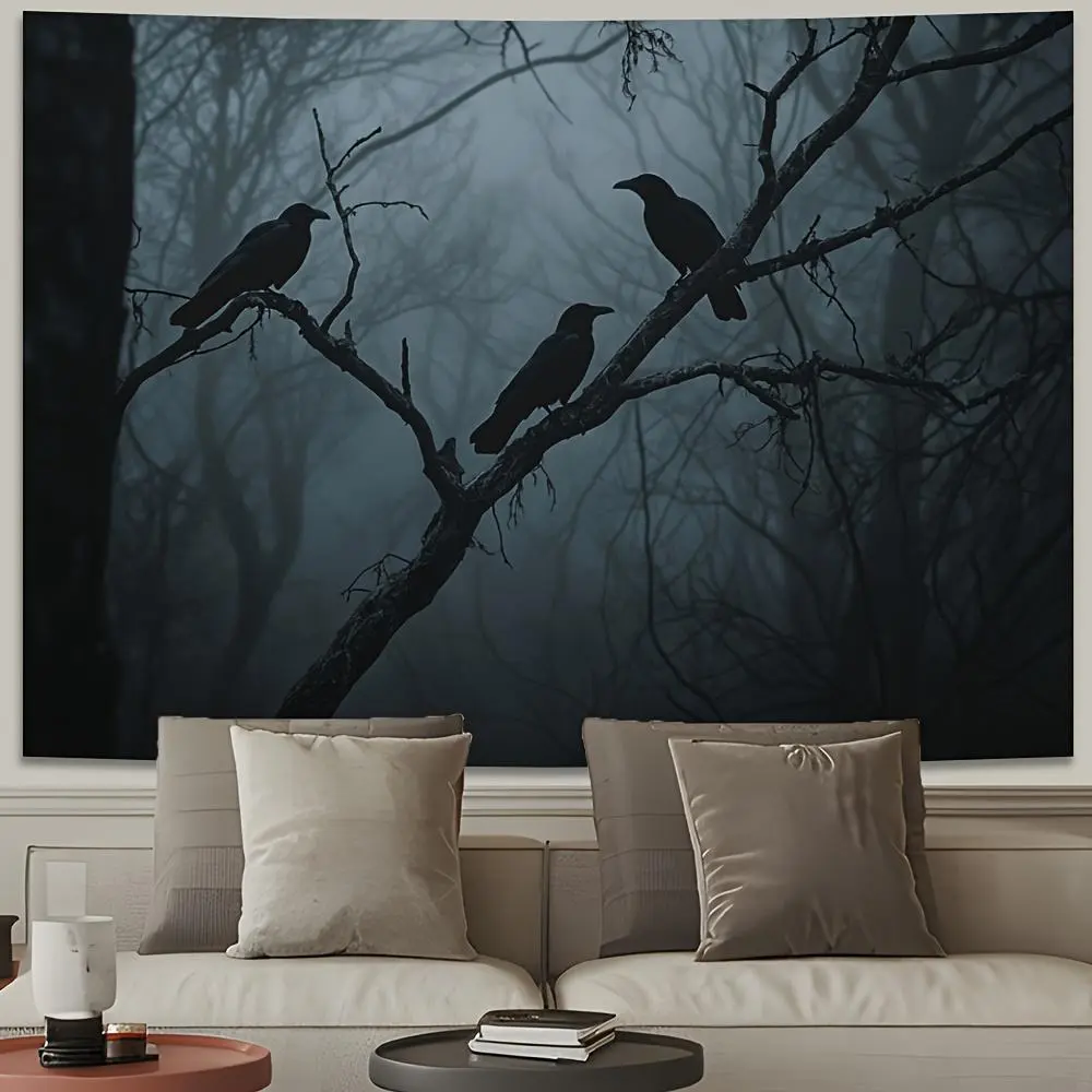 1pc Soft Durable Synthetic Polyester 2D Flat Print Gothic Crow Tree Tapestry Throw - Misty Forest Theme, Black Crows, Gothic Glam Charm, White, Machine Washable, Wall Hanging for Living Room, Bedroom Indoor Decor Backdrop, Indoors