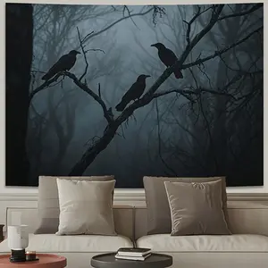 1pc Polyester 2D Flat Gothic Crow Tree Wall Tapestry - Misty Forest Design, Black Crows, Gothic Charm, White, Ideal for Living Room, Bedroom Decor, Spooky Nature-Inspired Wall Art Backdrop, Polyester Material