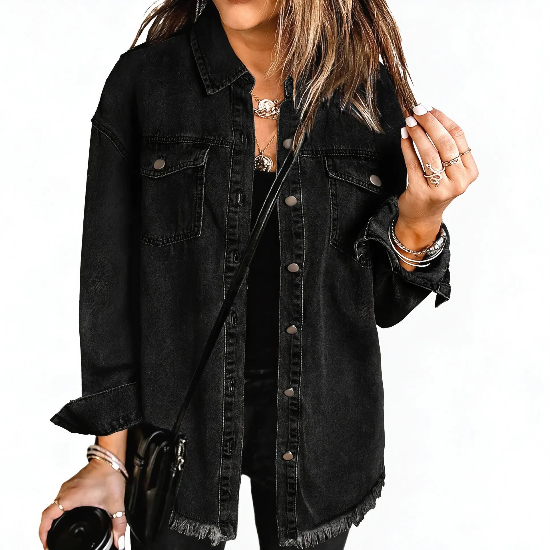 Women's Vintage Denim Shacket, Casual Oversized Long Sleeve Button Down Jean Jacket with Pockets and a Frayed Hem, Chic