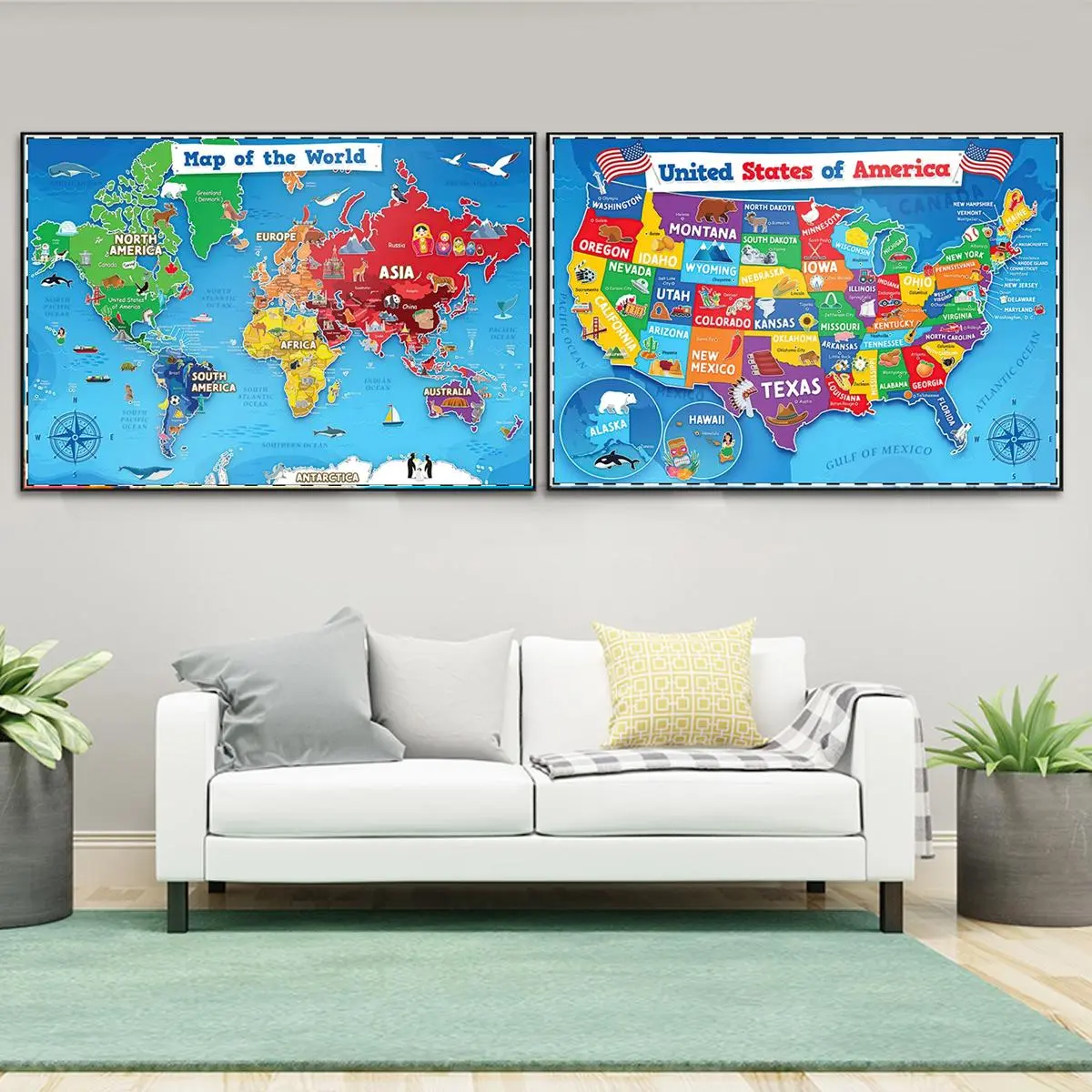 Cartoon Map Pattern Unframed Painting, World Map, United States Map & Us Map, Wall Art for Home Living Room Bedroom Decor