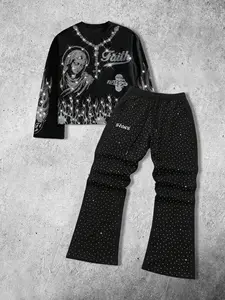 Men's two-piece set: long-sleeved graphic printed T-shirt and rhinestone-print trousers, gothic street style, avant-garde rock vibe, decorated with sparkling flame-patterned rhinestone embellishments, Outfit, Print Pants Set