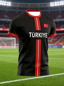 Turkish Fan T-Shirt, Colorblock Striped Round Neck Sporty Casual Short Sleeve, Fitted All over Print, Sporty Style