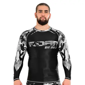 ROAR-INT Grey Camo Full Sleeve Men’s MMA No-Gi Grappling Fight Compression Rash Guard Shirt
