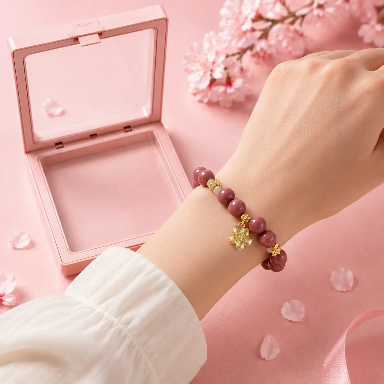 Rose Aromatic Bead Bracelet Gift Set, 10mm Pink Beaded Bracelet with Golden Flower Charm, Floating Display Box, Floral Gift Box, Care Card, Women Jewelry Gift