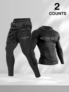 Men's 2 Piece Gym Set: Tight Fit Sporty Hoodie & Leggings Shorts - "REDEEMED" Ephesians 1:7 Christian Athletic Outfit | Workout Tracksuit for Bodybuilding, Training, Gym Bro & Casual Wear Workout Gym Clothing Sportswear For Gym Athletic Sets