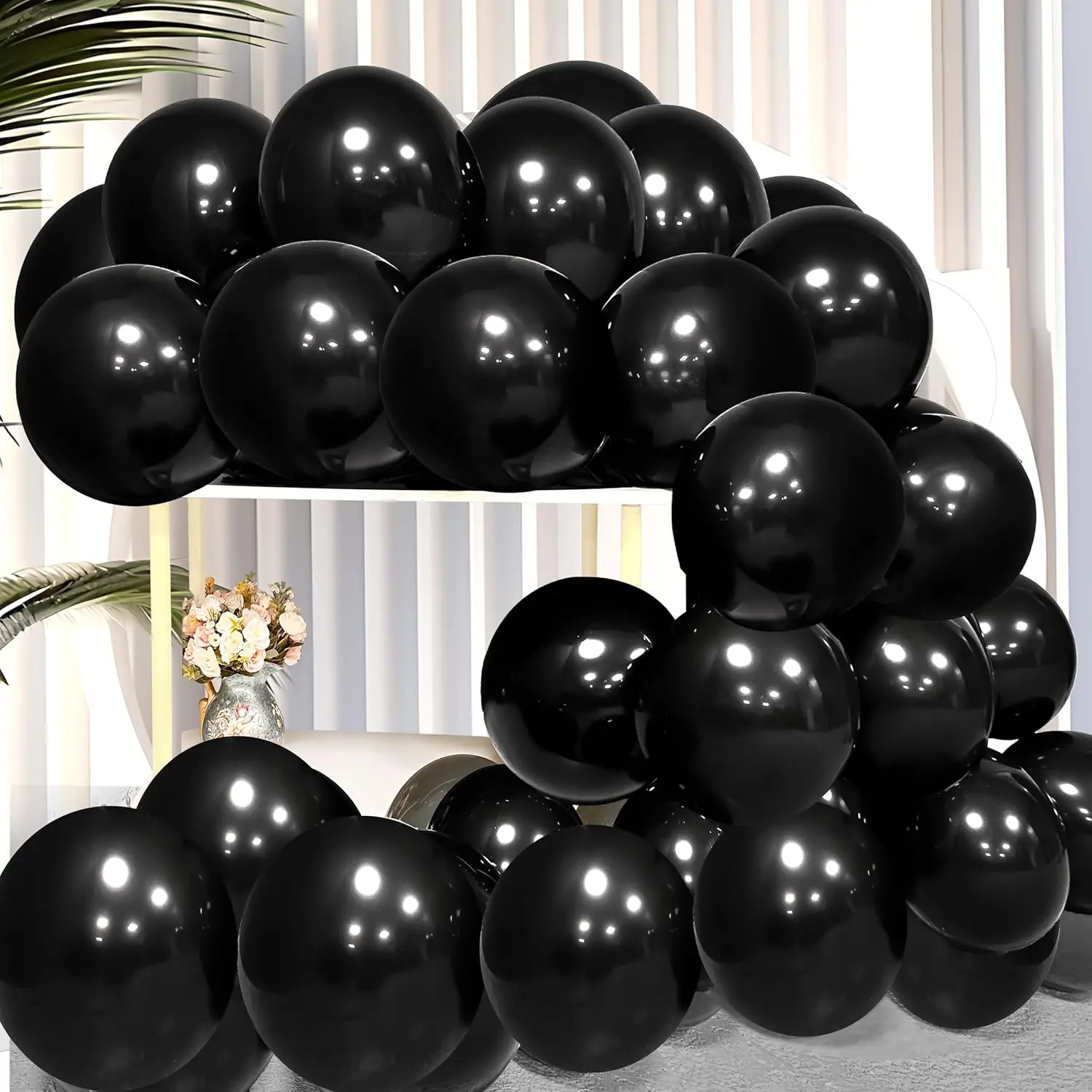 Black Balloons 12-inch 100 Pack Big Helium Round Black Metallic Thicken Latex Balloon for Birthday Party Balloons (with 3 Ribbons)